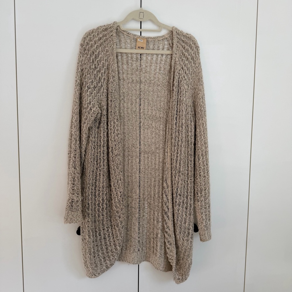 ICHI Beige Open Knit Cardigan Sweater